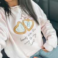 books are the way to my heart light pink crewneck, heart locket sweatshirt, oversized crewneck book merch, cute book sweater