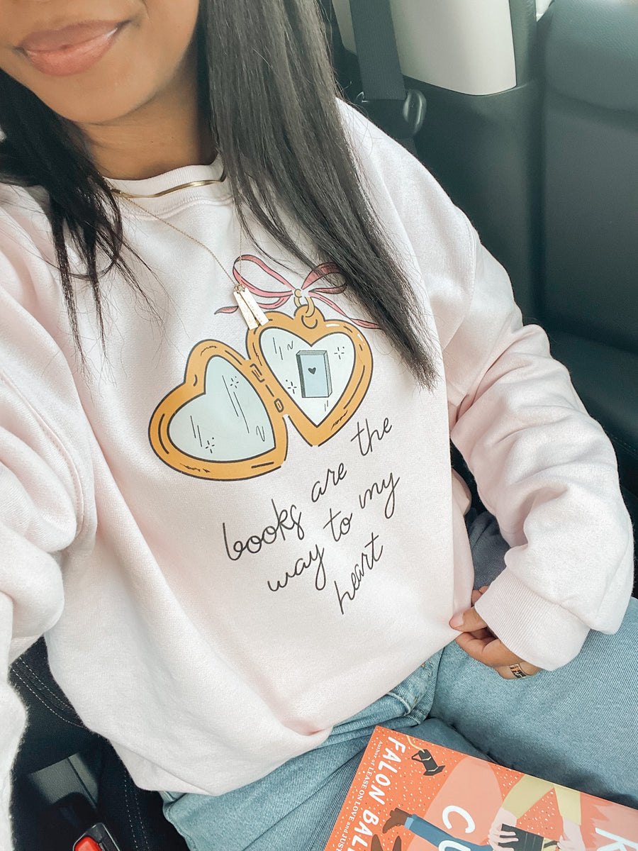 books are the way to my heart light pink crewneck, heart locket sweatshirt, oversized crewneck book merch, cute book sweater