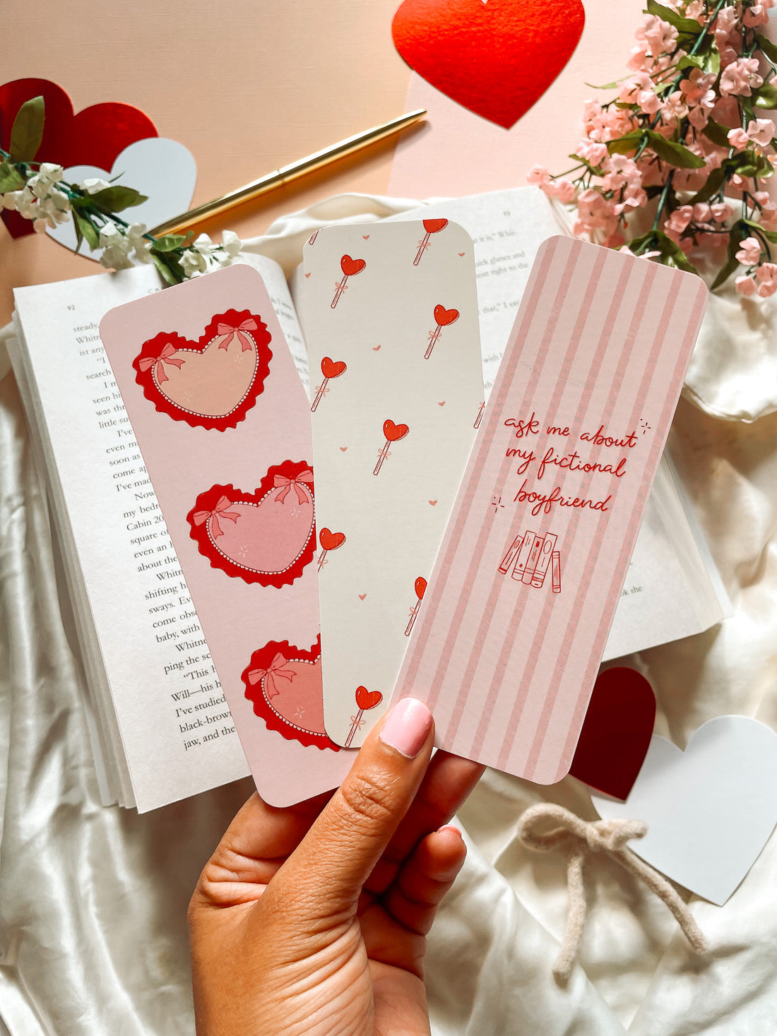 romance inspired bookmark for valentines day bows and pink hearts