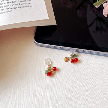 cherry charm, cherry jewelry kindle charm, dust plug cherry charm spring charms, cherry dust plug charms for kindle devices, protect from dust, charms, gold heart charm